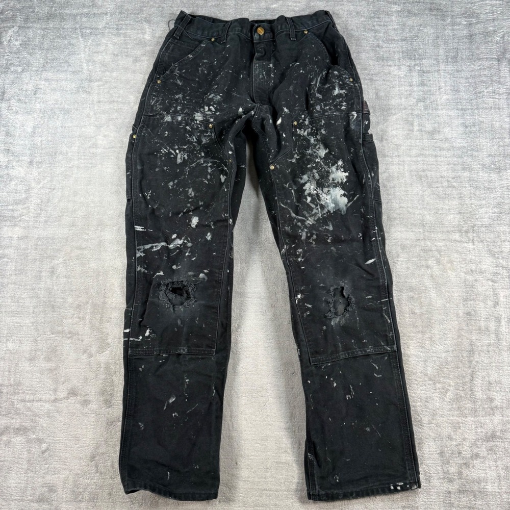 Carhartt Pants Mens 32x32 Black B01 Double Knee Work Distressed Paint Splatter
